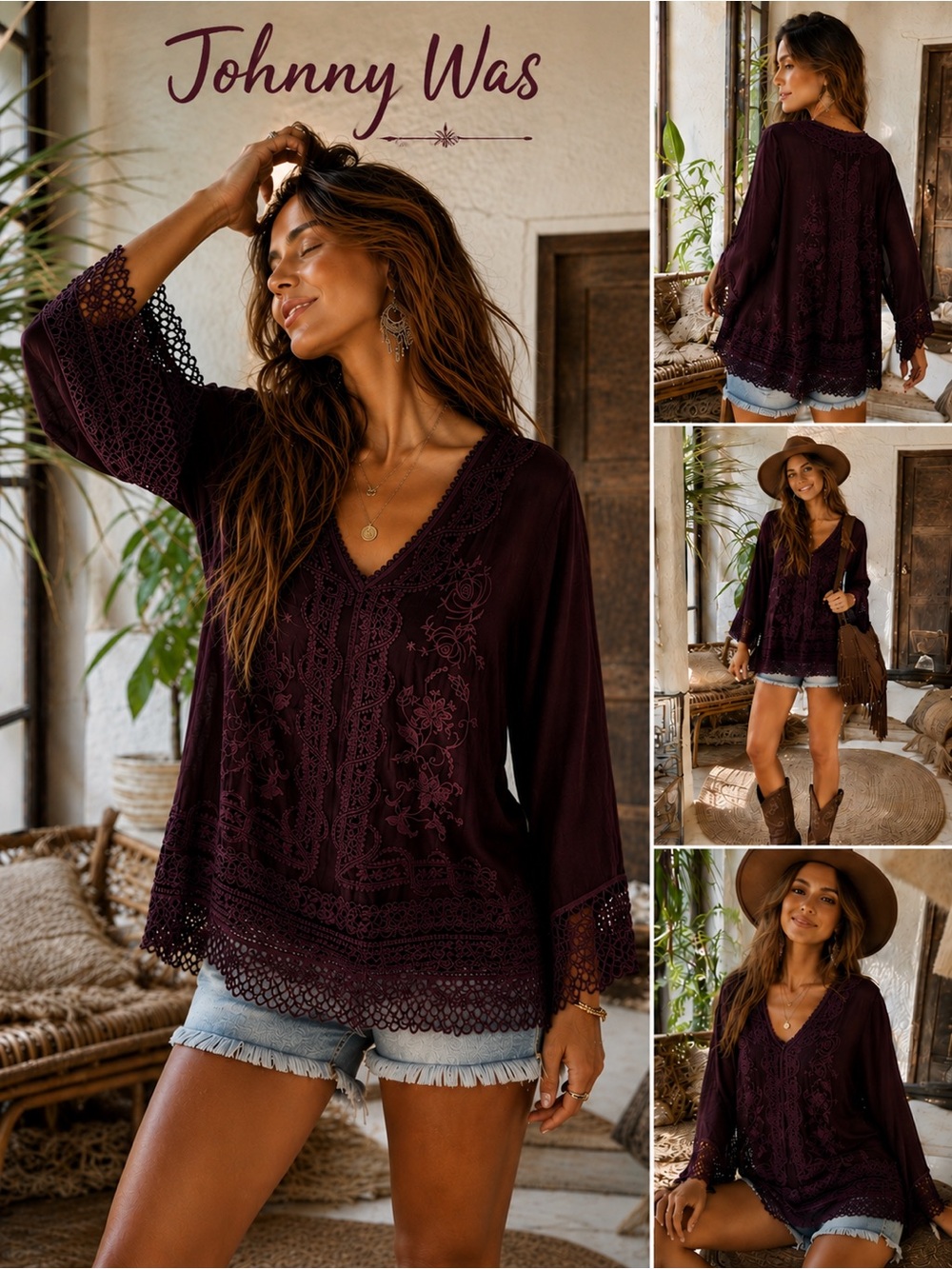 Johnny Was Deep Plum Embroidered V-Neck Tunic